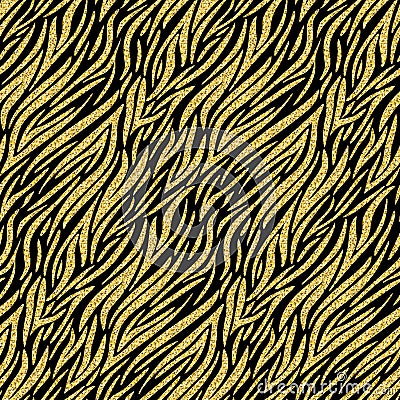 Gold zebra skin imitation, animalistic seamless pattern black gold shimmer shiny wild background for design Stock Photo