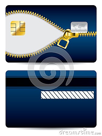 Gold zipper blue credit card Vector Illustration