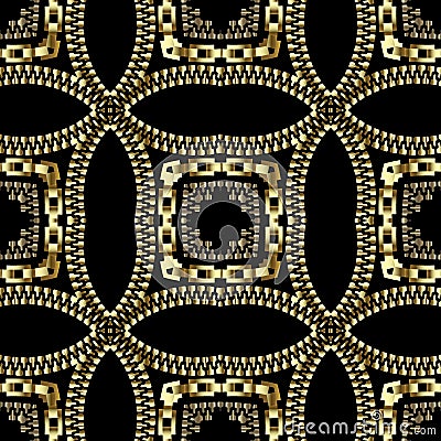 Gold zippers and chains vector 3d seamless pattern. Modern ornamental geometric background. Abstract repeat ornate backdrop. Vector Illustration