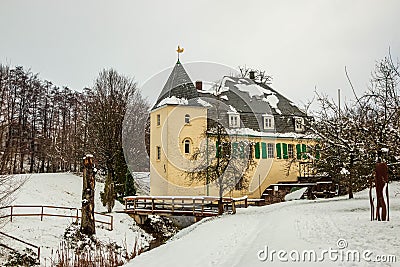 GoldbergmÃ¼hle, wedding location in Mettmann in winter with snow Stock Photo