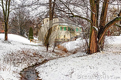 GoldbergmÃ¼hle, wedding location in Mettmann in winter with snow Stock Photo