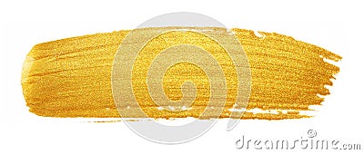 Golded paint brush stroke. Glitter gold color smear stain on white background. Gold stroke banner with glossy texture for Stock Photo