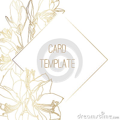 Decorative line golden clivia amaryllis wedding card templare. Vector Illustration