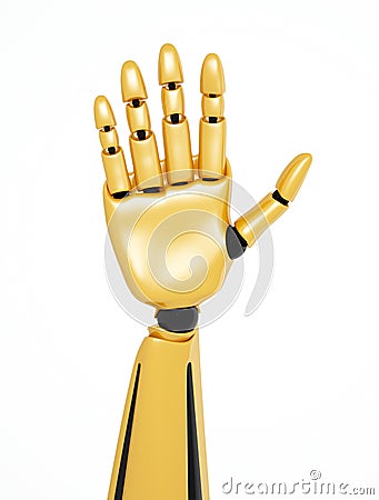 Golden 3d robotic hand showing number five Stock Photo