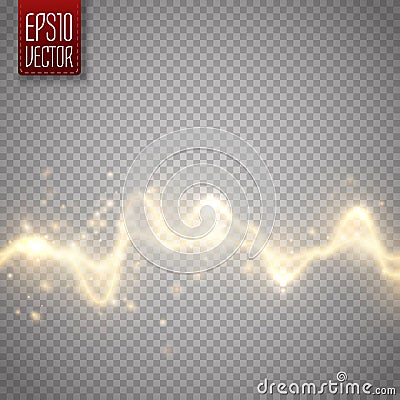 Golden abstract energy shock effect. Electric discharge isolated on transparent Vector Illustration