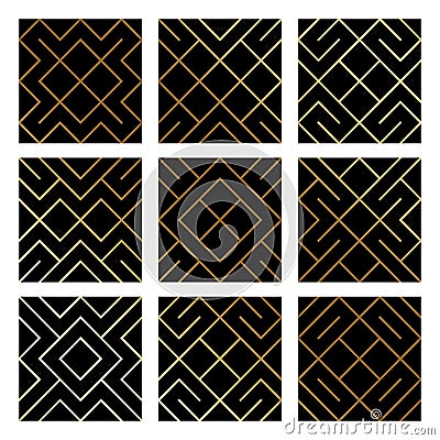 Golden abstract geometric pattern backgrounds set with gold glitter texture. Vector seamless pattern or rhombus and metal line nod Vector Illustration