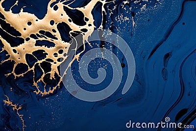 Golden abstract spot on blue flowing background. Marble background or texture. Fluid Art Stock Photo