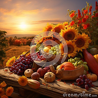 Golden Abundance: a bountiful harvest of sun-kissed fruits and vegetables Stock Photo