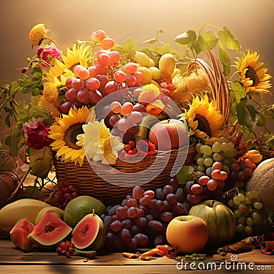 Golden Abundance: a bountiful harvest of sun-kissed fruits and vegetables Stock Photo