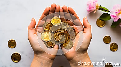 Golden Abundance: Hands Holding Gold Coins on White Stock Photo