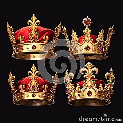 Golden Age Illustrations: Three Queen Crowns In Red And Gold Cartoon Illustration