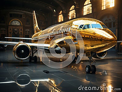 Golden airplane in the angar. Concept of passenger airline companies, travel, plane transportation, freedom of travelling Stock Photo