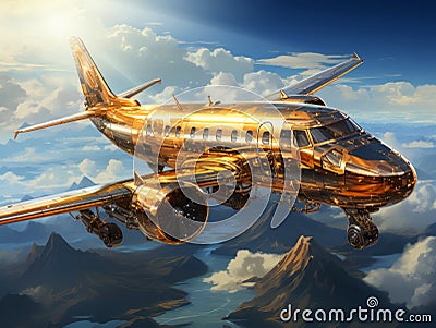 Golden airplane flies in blue sky with dramatic clouds. Concept of passenger airline companies, travel, plane transportation, Stock Photo