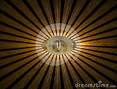 Golden all-seeing anonymous eye with lines and lights abstract religion background. Stock Photo
