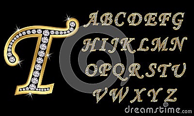 Golden alphabet with diamonds, letters from A to Z Vector Illustration