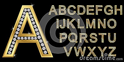 Golden alphabet with diamonds, letters from A to Z Vector Illustration