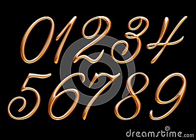 Golden alphabet, numbers 0 1 2 3 4 5 6 7 8 9, metallic embossed letters, 3d illustration Cartoon Illustration