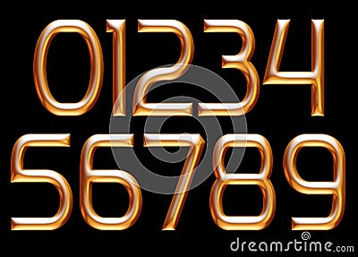 Golden alphabet, numbers 0 1 2 3 4 5 6 7 8 9, metallic embossed letters, 3d illustration Cartoon Illustration