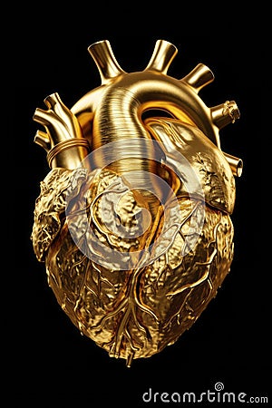 Golden anatomical human heart. Anatomy and medicine, health care concept. Internal organ made of gold isolated over black Stock Photo