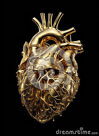 Golden anatomical human heart. Anatomy and medicine, health care concept. Internal organ made of gold isolated over black Stock Photo