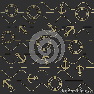 Golden anchors and lifebuoys over dark background with sea waves Vector Illustration