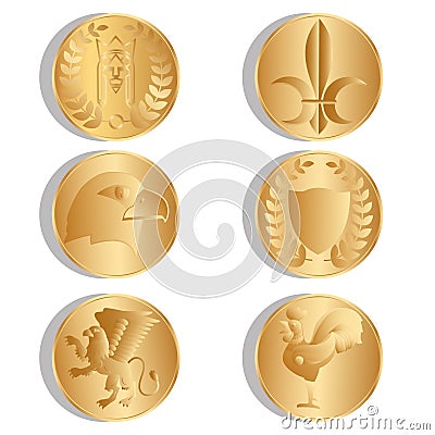 Golden ancient coins. Isolated. White background. Vector Stock Photo