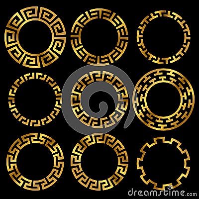 Golden ancient greek round frame ornament set Vector Illustration