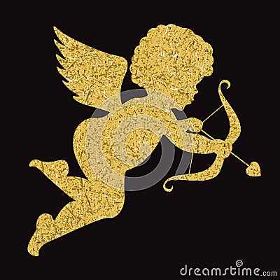 Golden angel silhouette on black background. Cupid Vector Illustration