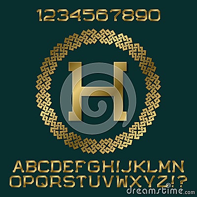 Golden angular letters and numbers with initial monogram in decorative round frame Vector Illustration