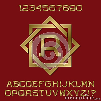 Golden angular letters and numbers with initial monogram in octagonal frame Vector Illustration