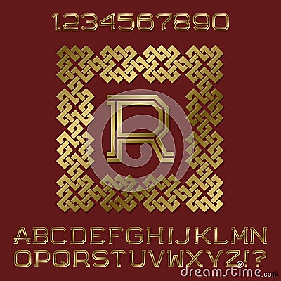 Golden angular letters and numbers of two stripes. Monogram in decorative square frame Vector Illustration