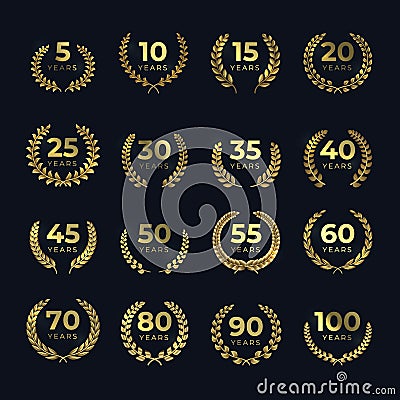 Golden anniversary laurel wreaths. Birthday gold symbol set with leaf shapes. Vector template for award Vector Illustration