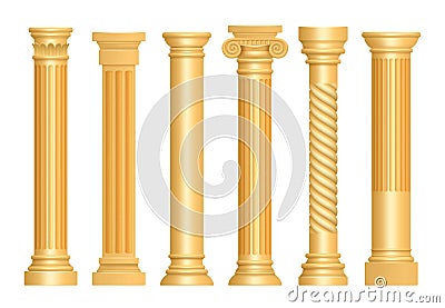 Golden antique column. Classic roman pillars architectural art sculpture pedestal vector realistic Vector Illustration