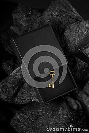 Golden Antique Key in a Black Box - Success Concept Stock Photo