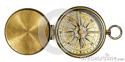 Golden antique pocket compass with lid isolated Stock Photo