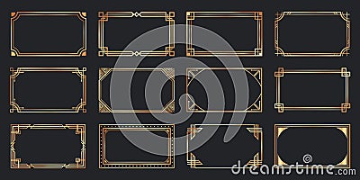 Golden ard deco frames. Vintage decorative frame, gold ornaments borders and geometric lines ornament vector set Vector Illustration