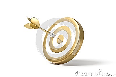 Golden arrow aim to dartboard target or goal of success isolated on white background with complete achievement concept. 3D Stock Photo