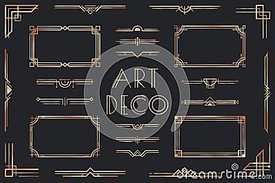 Golden art deco elements. Ornamental frame, retro 1920s divider border and decorative gold corner vector set Vector Illustration