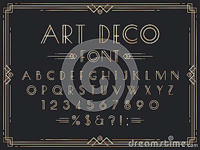 Golden art deco font. Luxury decorative 1920s geometric letters, ornamental gold numbers and retro frame vector set Vector Illustration