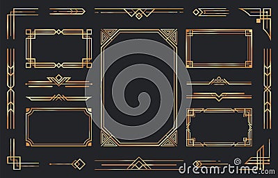 Golden art deco ornaments. Arabic antique decorative gold border, retro geometric ornamental frame and ornate golden Vector Illustration