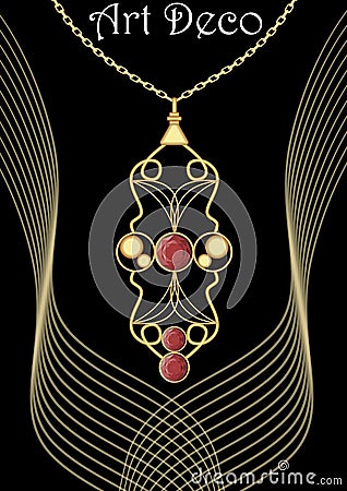 Golden art deco pendant with red gems on filigree chain, victorian jewelry Vector Illustration