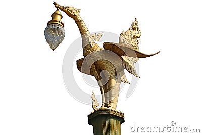 Golden art mystery bird, Lantern hanger designed swan statue isolated in white background, Traditional ancient unique style Stock Photo