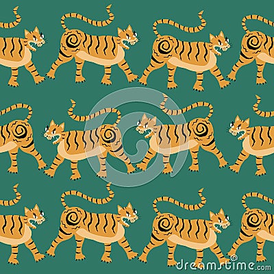 Golden asian tiger. Animal seamless pattern. Vector Illustration