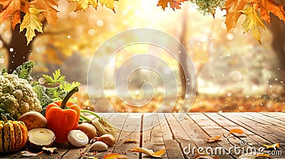 Golden autumn background with trees and a few fresh vegetables on top of the table Stock Photo