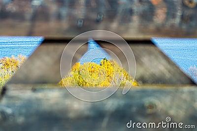 Golden autumn on Dnieper river through fence hole Stock Photo