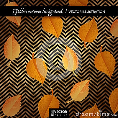 Golden autumn geometric background with leaves Vector Illustration