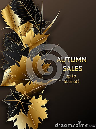 Golden autumn, Golden black autumn foliage vector sale banner. Vector Illustration