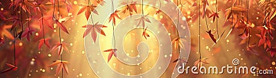 Golden autumn leaves hang on thin strings, gently swaying in soft golden light, creating a magical and serene fall Stock Photo