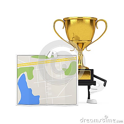 Golden Award Winner Trophy Mascot Person Character with Abstract City Plan Map. 3d Rendering Stock Photo