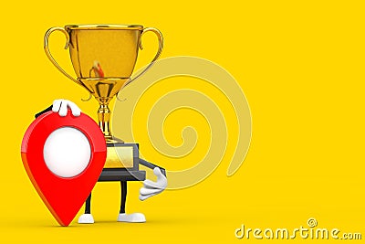 Golden Award Winner Trophy Mascot Person Character with Red Target Map Pointer Pin. 3d Rendering Stock Photo